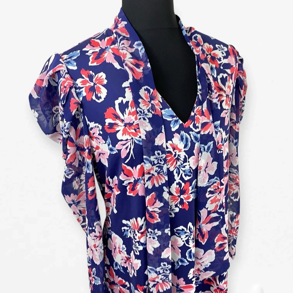 PerSeption Concept Blue Pink Tie scarf Front Ruffled Career v-neck Blouse top L - Picture 3 of 11